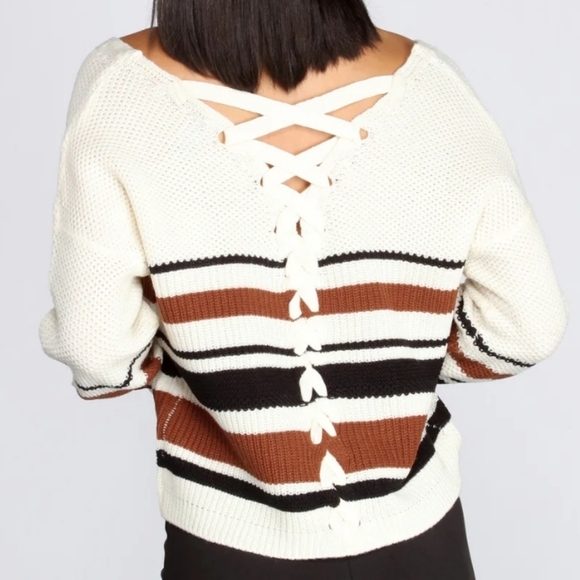 Full Circle Striped Sweater lace up back terracotta ut burnt orange sweater, L - Picture 12 of 13